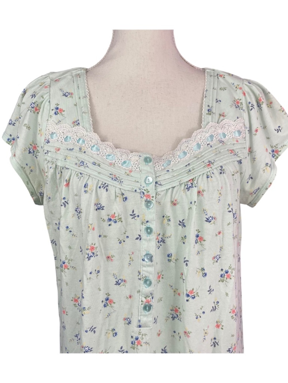 Ditsy Floral Lace Nightdress Ribbon Trim Light Blue Henley Button Short Sleeve